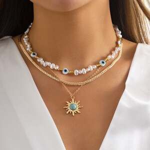 Vintage Sunflower Imitation Turquoise Pearl Beaded Necklace